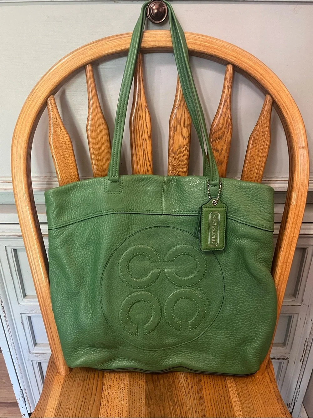 Green Leather op art Tote Bag by Coach.